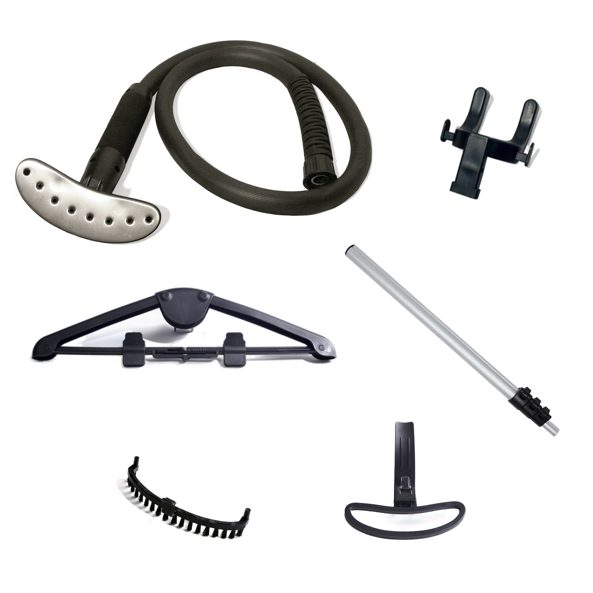Assorted accessories for the Fridja f1000 Clothes Steamer - Refurbished Grade B, including hose, hanger, steam head, clips, handle, and brush—ideal for refreshing fabrics with your professional steamer.