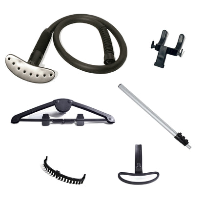 Assorted accessories for the Fridja f1000 Clothes Steamer - Refurbished Grade B, including hose, hanger, steam head, clips, handle, and brush—ideal for refreshing fabrics with your professional steamer.