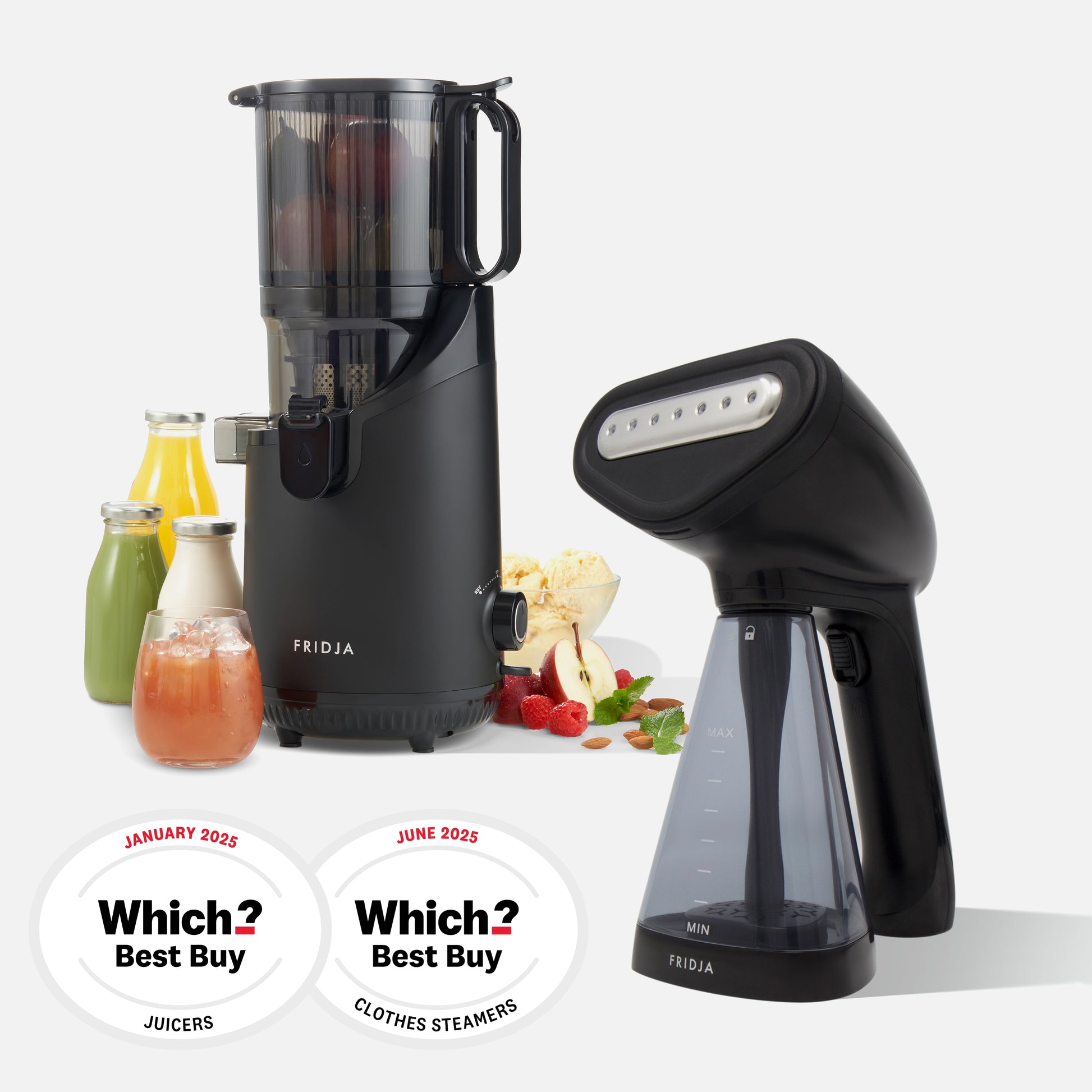 Fridja’s Which? Best Buy Power Duo—f10 Handheld Steamer & f2500 Self-Feeding Juicer—is shown with fresh juice bottles, fruits, and two 2025 Which? Best Buy badges for juicers and clothes steamers.