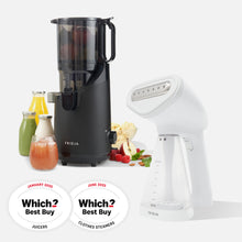 Fridja’s Which? Best Buy Power Duo—f10 Handheld Steamer (white) & f2500 Self-Feeding Juicer (black with bottles of juice and fruit)—display “Which? Best Buy” award badges for juicers (Jan 2023) and steamers (June 2023).