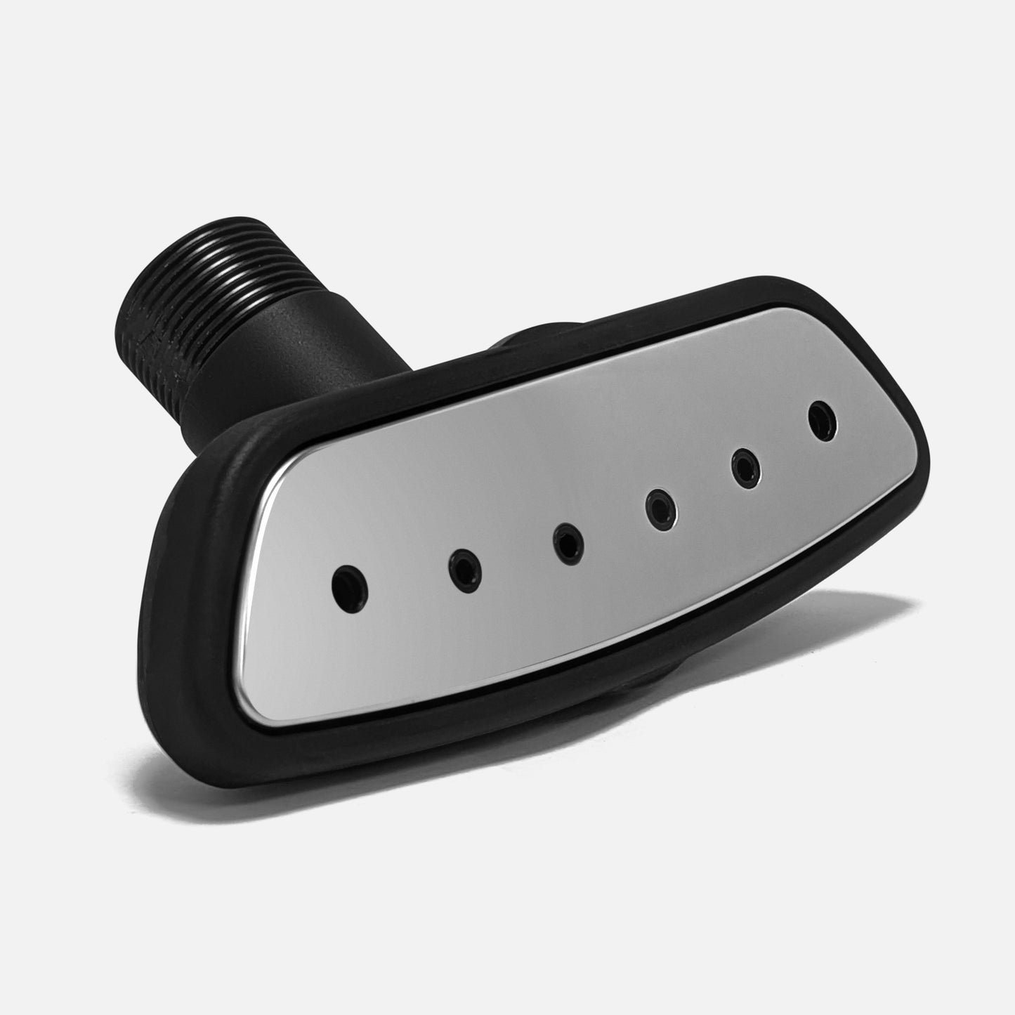 Close-up of the Fridja f1200 Steamer Head—sleek, modern design with a black base and silver face featuring six spray holes—shown on a light gray background. Perfect replacement for your f1200 Black steamer.