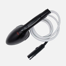 A Fridja f1500 Steamer Head and Hose in black, with a visible water tank, flexible white and gray braided hose, and black nozzle attachment is shown against a plain white background—perfect for efficient garment care.