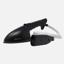 A black handheld Fridja f1500 Steamer Head and Hose, with the brand name on its side and a long white and gray patterned power hose coiled beside it—ideal for efficient garment care.