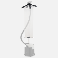 The Fridja Flexible Ironing Board with Clothes Hanger and Pegs is pictured on a plain white background, featuring a garment hanger at the top, a long steam hose, and a base unit for water.
