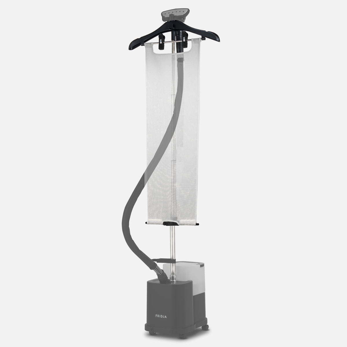 The Fridja f1600 Flexible Ironing Board Attachment features a clothes hanger and pegs, offering a compact, efficient ironing alternative that stands upright against a white background.