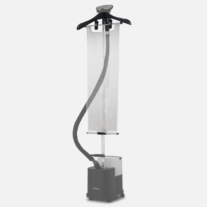 The Fridja f1600 Flexible Ironing Board Attachment features a clothes hanger and pegs, offering a compact, efficient ironing alternative that stands upright against a white background.