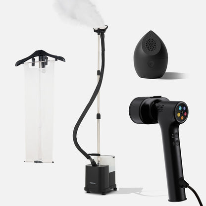 Four innovative Fridja garment care products are displayed on a white background: the f1600 Commercial Clothes Steamer billowing visible steam, a Flexible Ironing Board, the f20 Handheld Clothes Steamer Pro, and the compact black f40 Fabric Shaver.