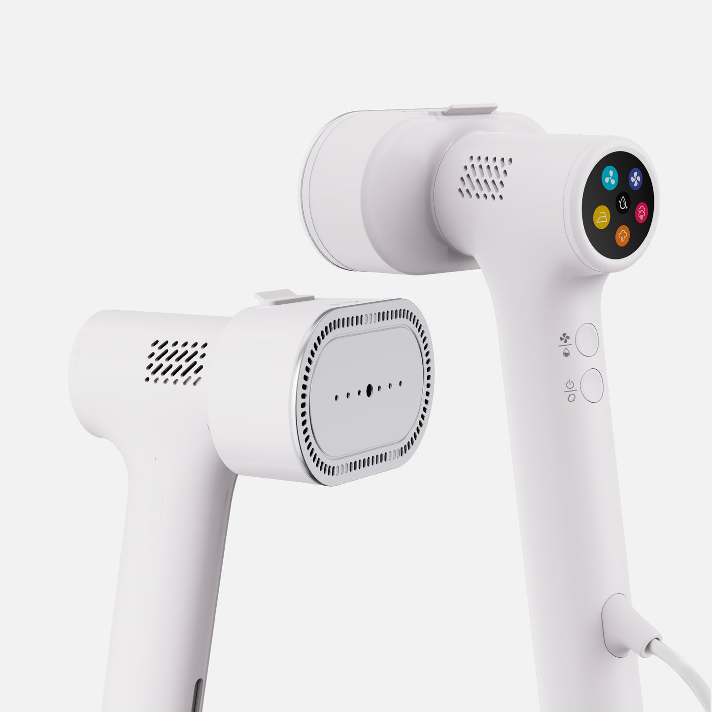 Two modern white Fridja f20 Handheld Clothes Steamer Pros are elegantly displayed against a plain white background—one showcases a perforated steam plate, while the other features a circular digital control panel with colorful icons. Perfect for those seeking an efficient portable steam iron or versatile handheld clothes steamer for everyday use.