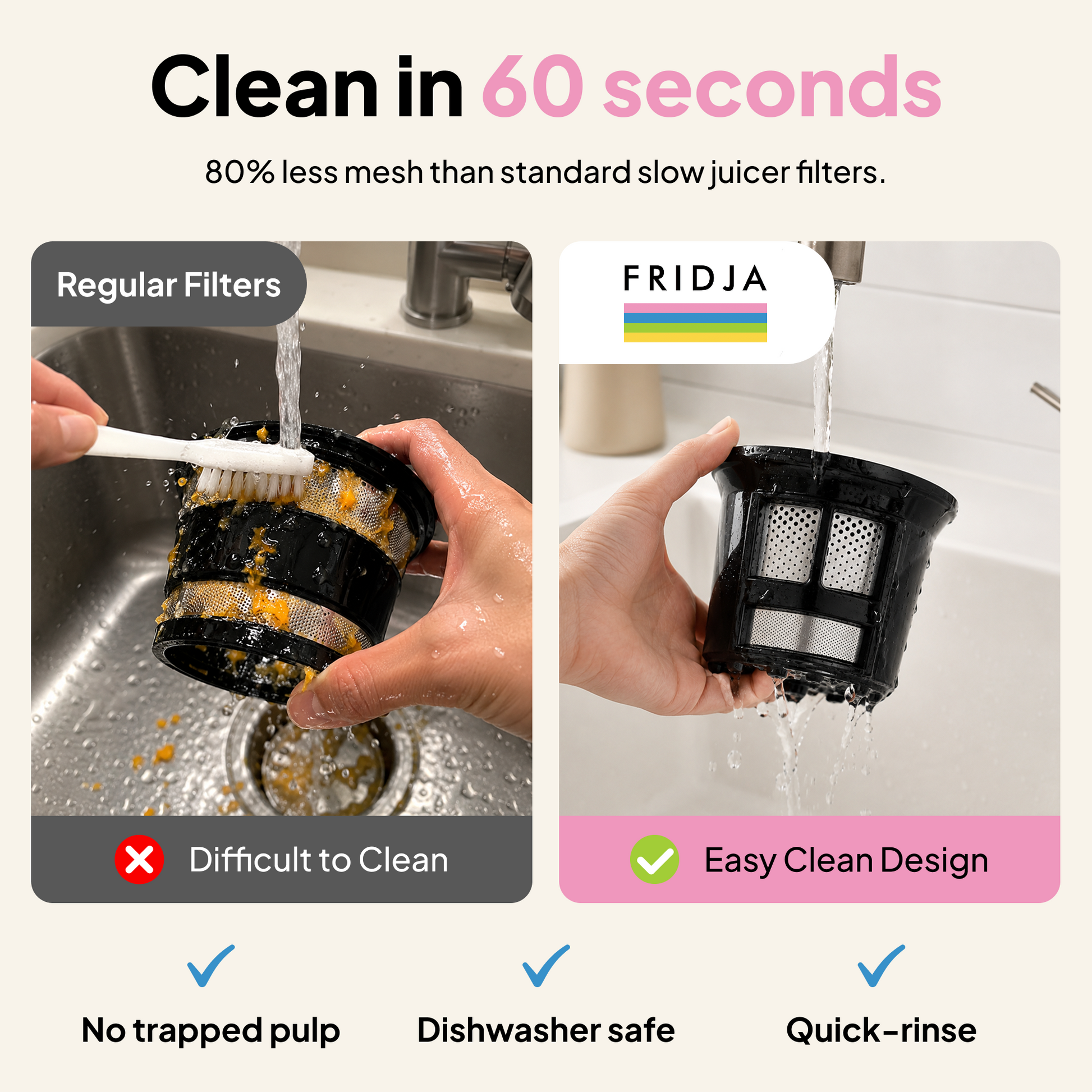 Side-by-side comparison: left shows a clogged filter, right shows the Fridja f2800 Open Whole Fruit Juicer filter rinsed clean under the tap. Quick, easy cleaning—plus it’s dishwasher safe.