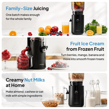 The Fridja f2800 Open Whole Fruit Juicer, in sleek black, sits on the counter with fresh fruits, juice, desserts, and milk jars—ideal for family-size juicing, creamy nut milks, and homemade fruit ice cream.