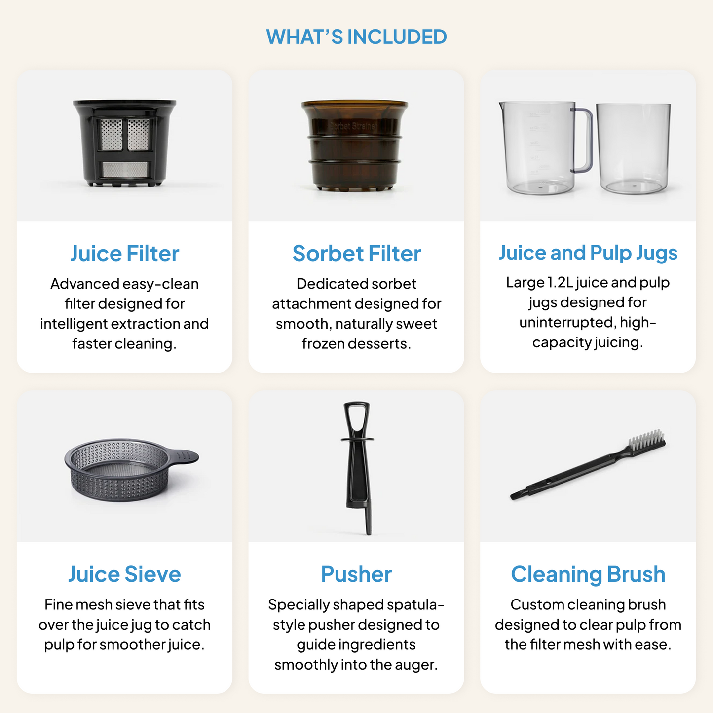 A grid displays items included with the Fridja f2800 Open Whole Fruit Juicer: juice filter, sorbet filter, juice and pulp jugs, juice sieve, pusher, self-feeding hopper, and cleaning brush—each with a brief description and image.