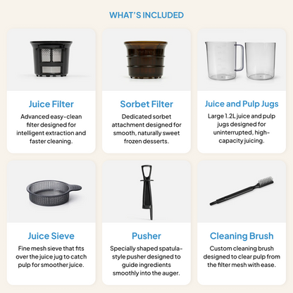 A grid displays items included with the Fridja f2800 Open Whole Fruit Juicer: juice filter, sorbet filter, juice and pulp jugs, juice sieve, pusher, self-feeding hopper, and cleaning brush—each with a brief description and image.