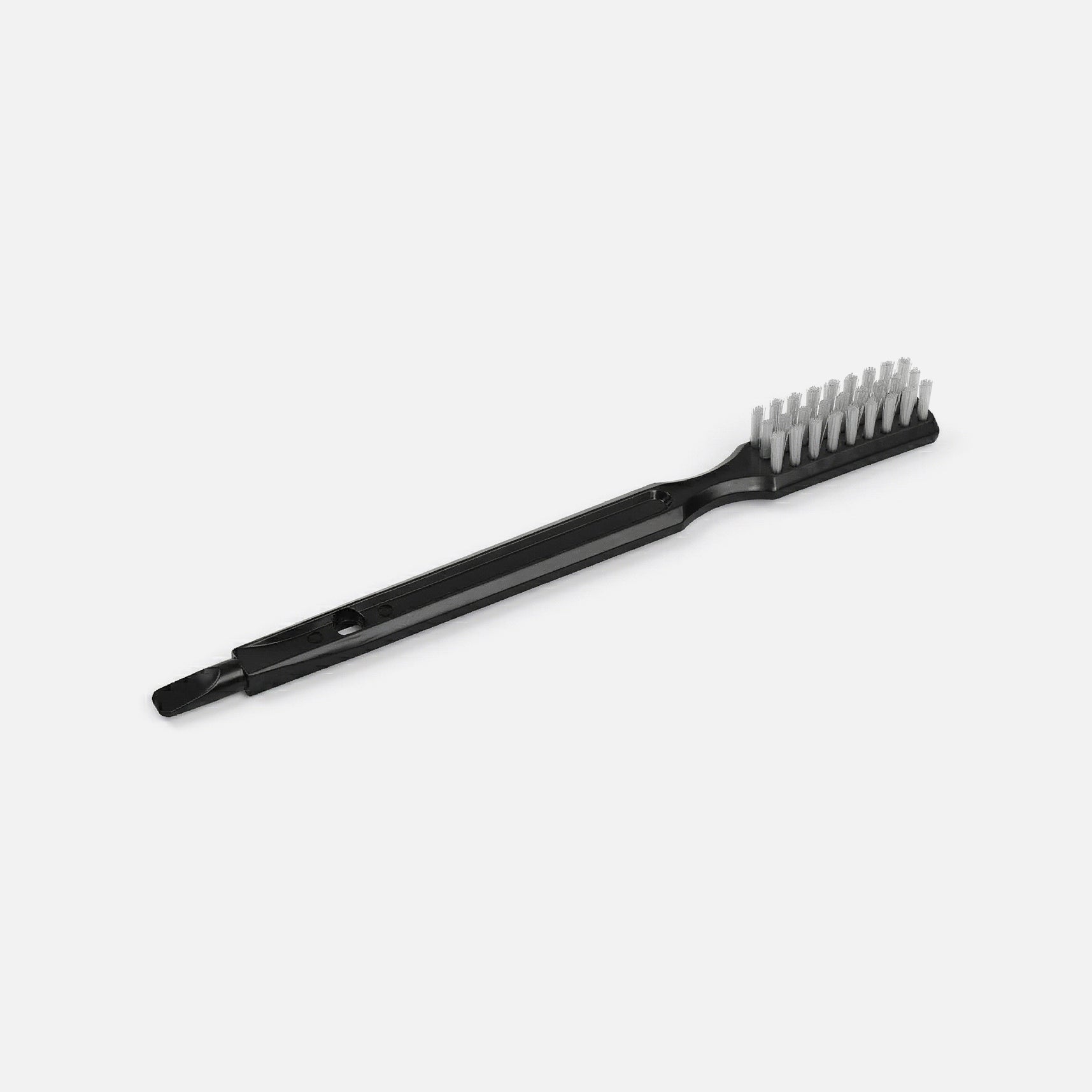 A black-handled brush with white bristles, featuring a flat handle with a hole near the base, placed on a plain white background.
