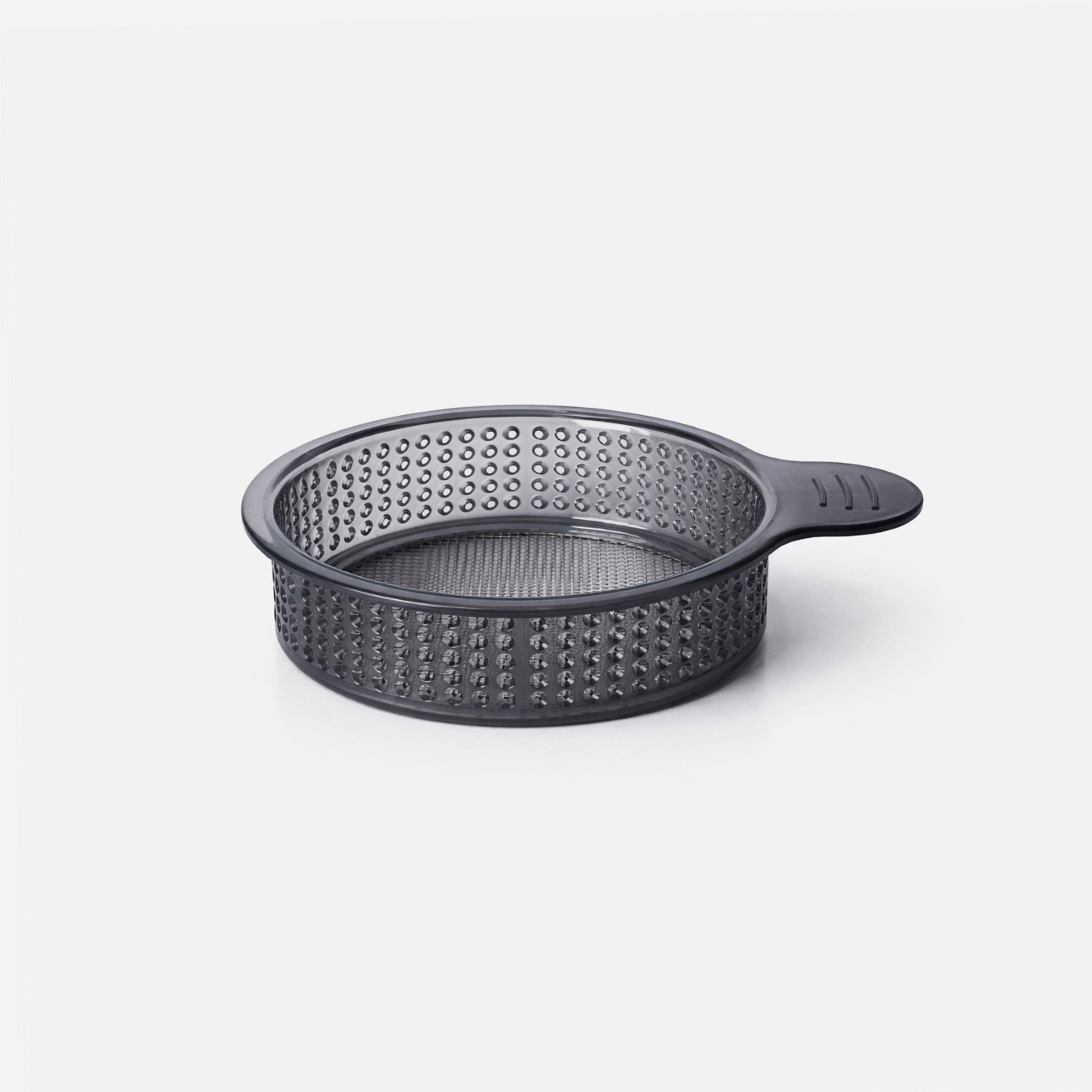 A round, black plastic strainer with a perforated design and a single handle, placed on a plain white background.
