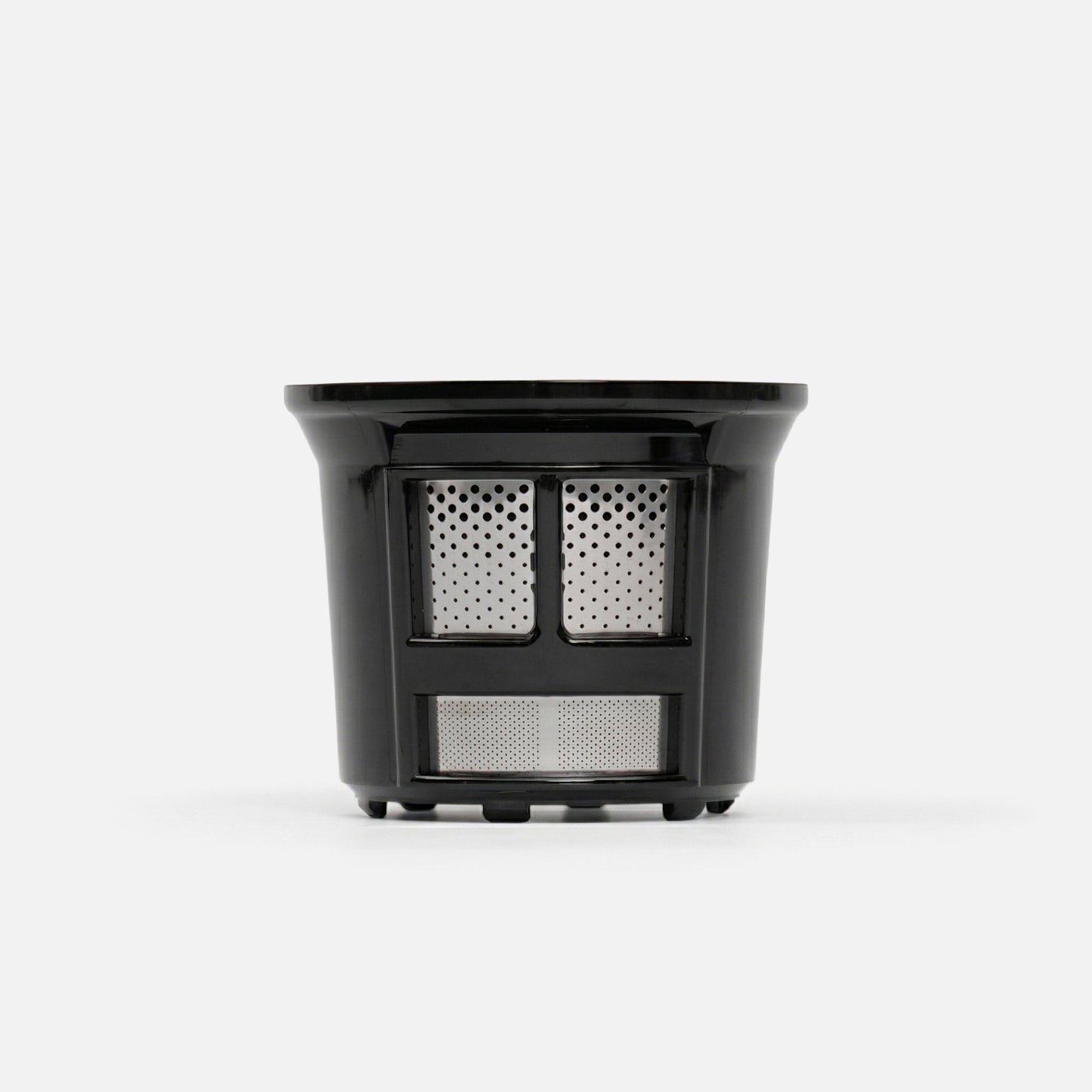 A black reusable coffee filter basket with fine mesh sides and bottom, designed for use in a coffee maker, shown against a plain white background.