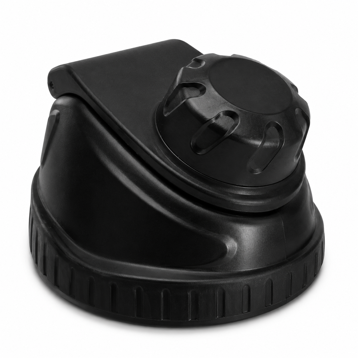 A black plastic screw-on gas cap with a textured grip and raised twist knob, shown on a white background—perfect as a Fridja f500 Lid replacement part.