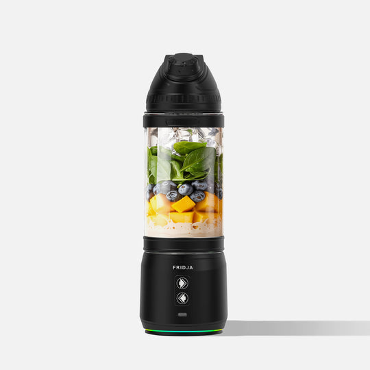 The Fridja f500 Portable Blender, in sleek black, is ideal for active lifestyles—blend spinach, blueberries, mango chunks, ice, and liquid anywhere. Its base features a power button and bold Fridja branding—perfect for smoothies on the go.