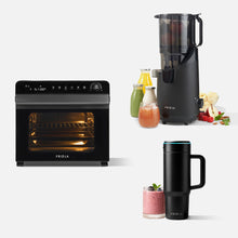 Three Fridja kitchen appliances—a black f77 Super Oven Pro (left), an f2500 Self Feeding Whole Fruit Juicer with fruits and juices (top right), and an f600 Stainless Steel Portable Blender with a smoothie (bottom right)—are displayed.