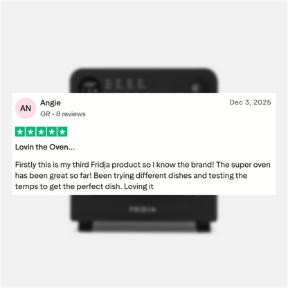 Angie gave the Fridja Super Oven - 15L Digital Air Fryer Oven 5 stars, praising its convection cooking. As her third Fridja product, she enjoys experimenting with dishes and temperatures to achieve perfect results.