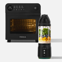 The Fridja Super Kitchen Duo—featuring the f66 Super Oven (black, digital display) and the f500 Portable Blender (filled with spinach, blueberries, mango, and ice)—are displayed together.