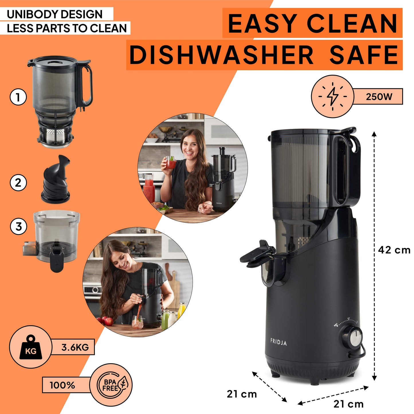 Infographic for the black Fridja f2500 Self Feeding Whole Fruit Juicer highlights easy clean dishwasher safe, assembly steps, women using it, 42x21x21cm size, 250W power, 3.6kg weight, BPA free unibody design & cold-pressed juice benefits.