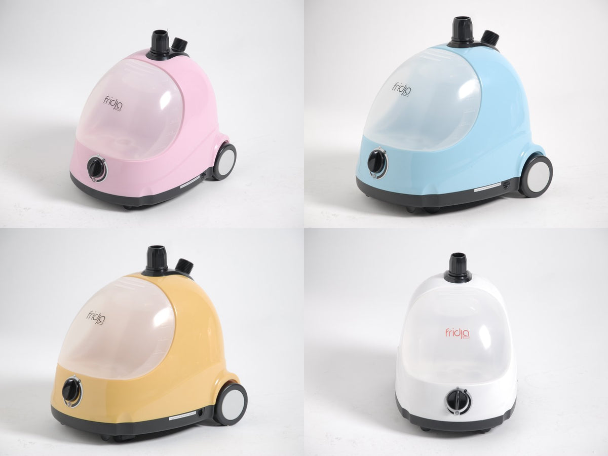 The first Fridja clothes steamers from 2010 in pink, blue, yellow and white