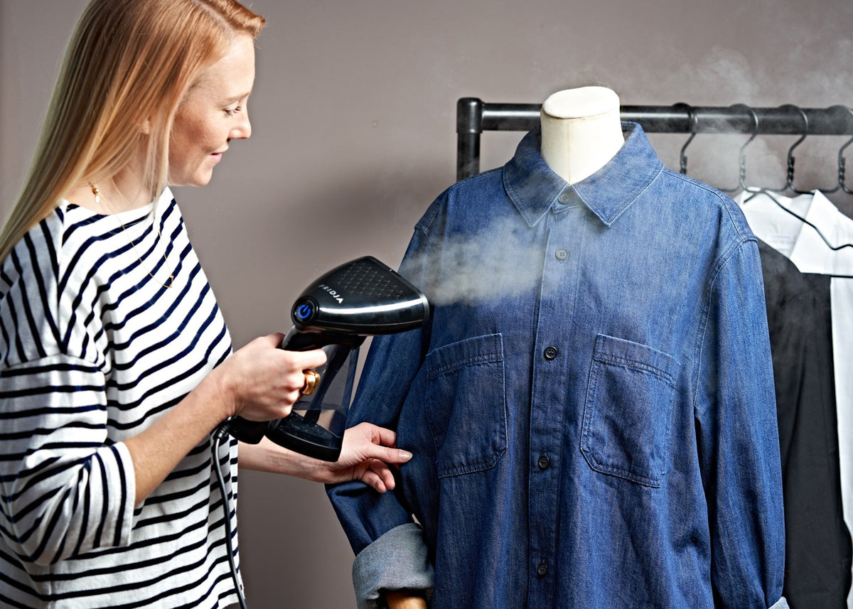 Steaming a denim shirt with the Fridja f10 handheld steamer