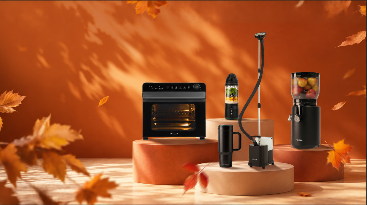 Fridja air fryer oven, portable blender, tumbler, garment steamer and cold press juicer on an autumn display