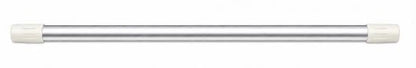 A Fridja f1200 Pole with end caps—a metal rod featuring white caps on both ends—displayed horizontally against a white background, ideal as a replacement part for your clothes steamer.